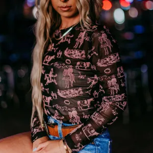 Women's Black & Pink Western Scene Mesh Shirt