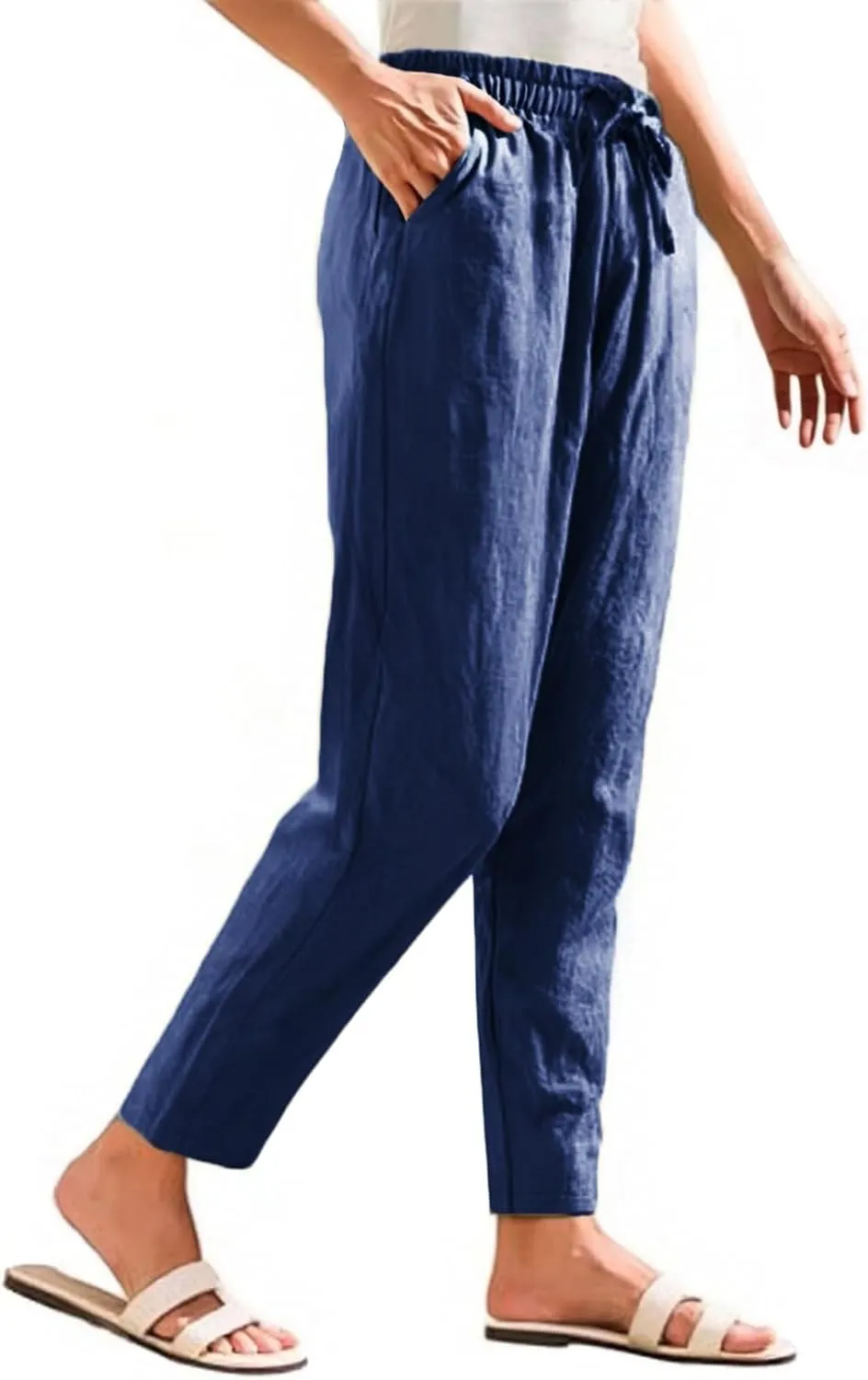 Womens Casual Linen Pants Drawstring Loose Fit Summer Pants Trousers with Side Pockets Summer Beach Lounge Pants