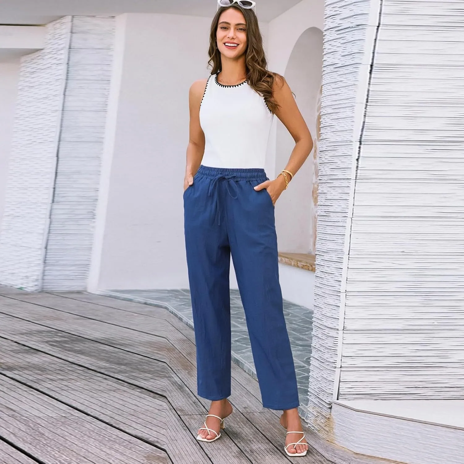 Womens Casual Linen Pants Drawstring Loose Fit Summer Pants Trousers with Side Pockets Summer Beach Lounge Pants