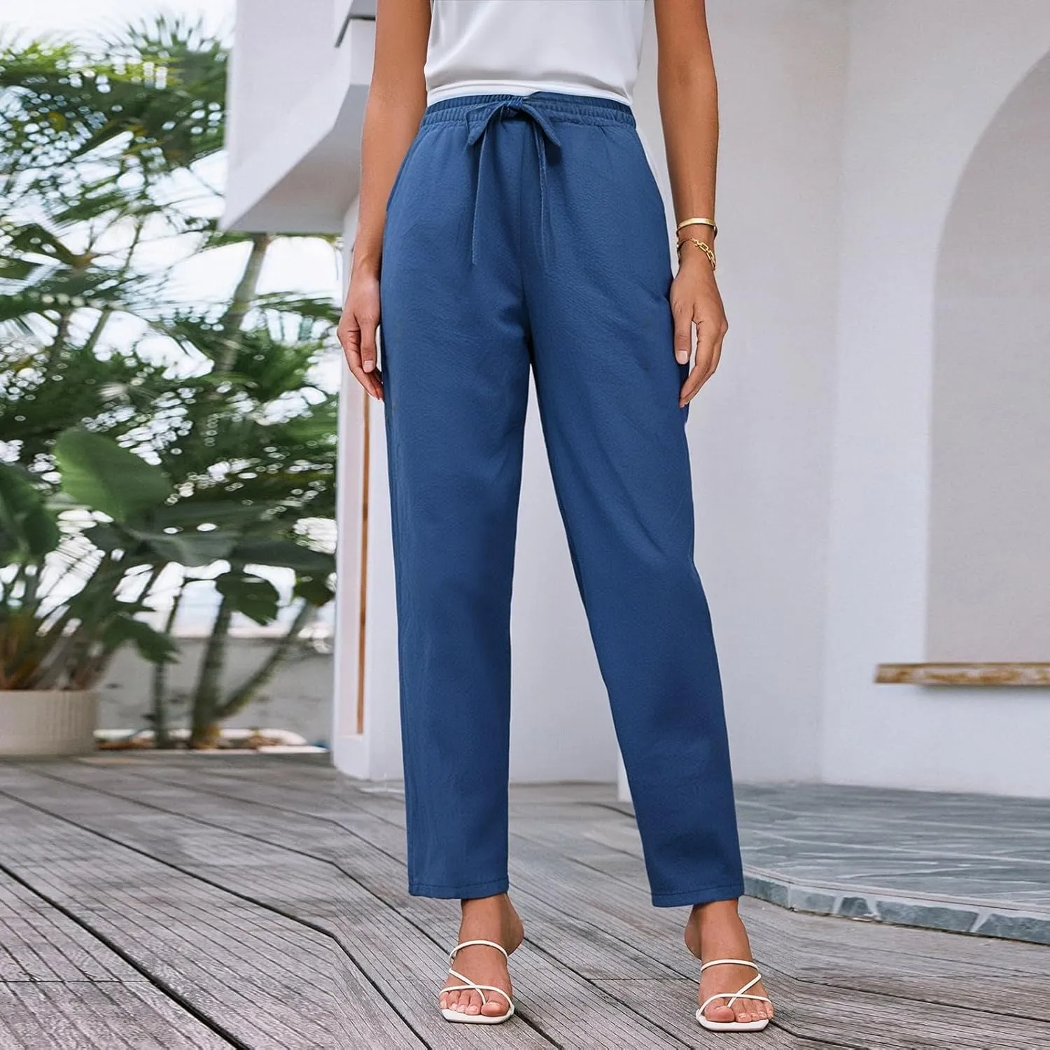 Womens Casual Linen Pants Drawstring Loose Fit Summer Pants Trousers with Side Pockets Summer Beach Lounge Pants