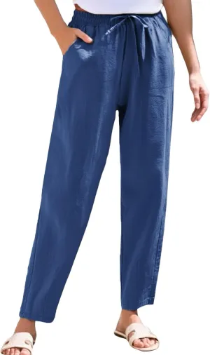 Womens Casual Linen Pants Drawstring Loose Fit Summer Pants Trousers with Side Pockets Summer Beach Lounge Pants