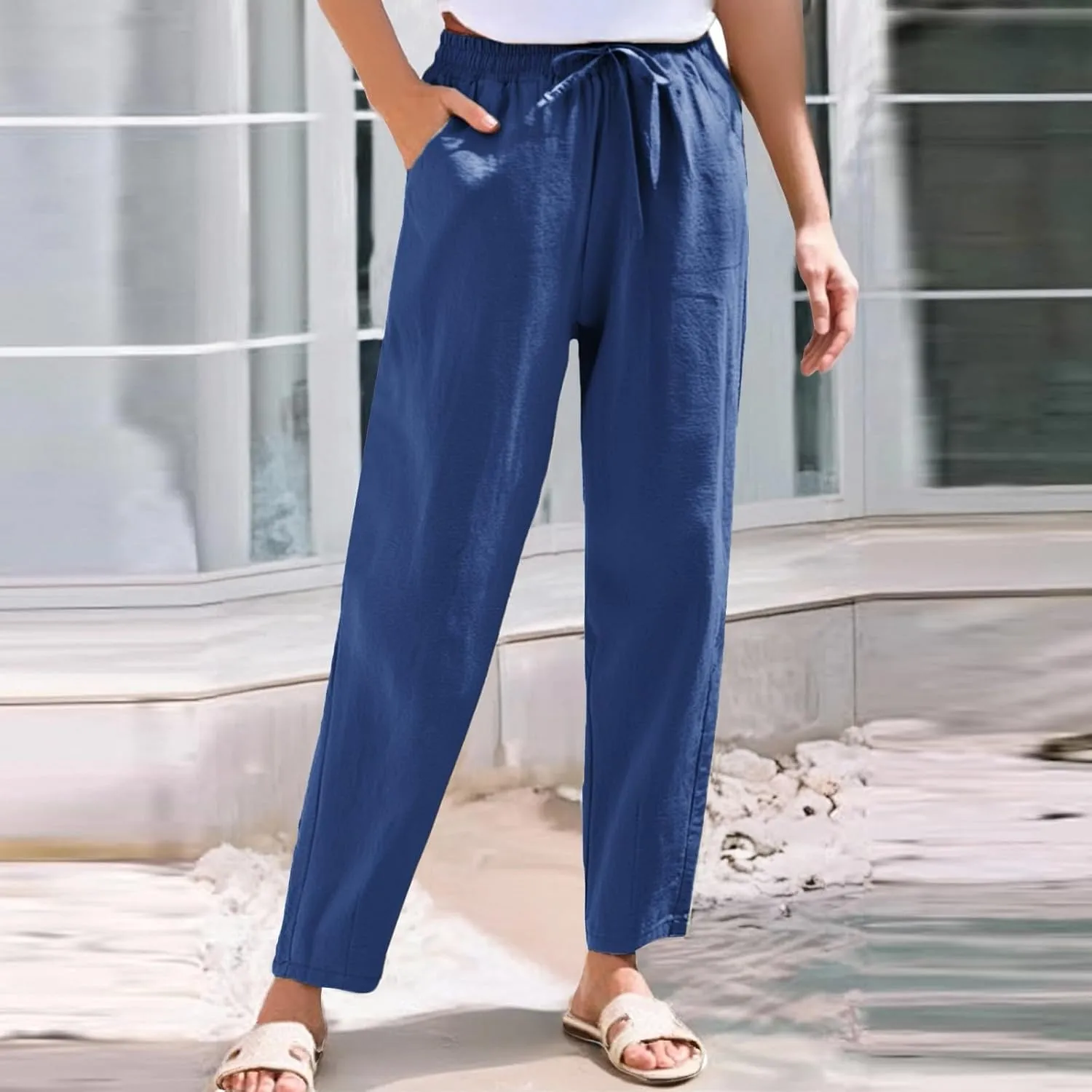 Womens Casual Linen Pants Drawstring Loose Fit Summer Pants Trousers with Side Pockets Summer Beach Lounge Pants