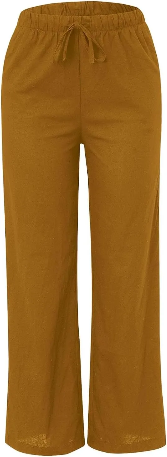 Womens Cotton Linen Palazzo Pants Drawstring Elastic Waist Casual Wide Leg Lightweight Beach Trousers with Pockets