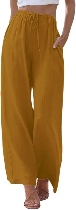 Womens Cotton Linen Palazzo Pants Drawstring Elastic Waist Casual Wide Leg Lightweight Beach Trousers with Pockets
