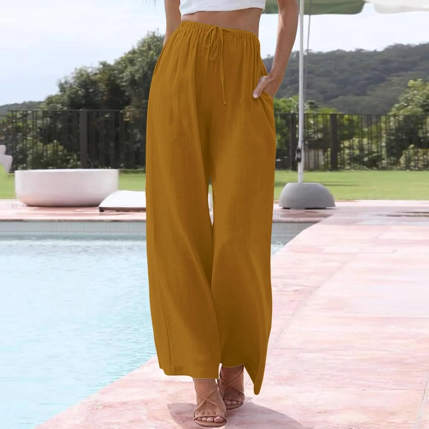 Womens Cotton Linen Palazzo Pants Drawstring Elastic Waist Casual Wide Leg Lightweight Beach Trousers with Pockets