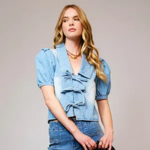 Women's Denim Collar Tie Front Short Sleeve