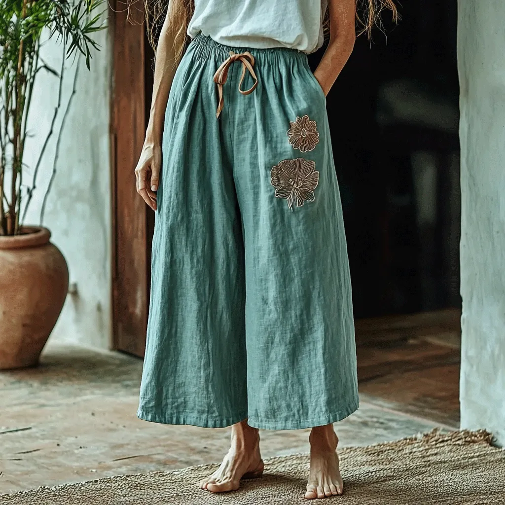 Women's Linen Breathable Wide-leg Ethnic Floral Cropped Trouser Pants