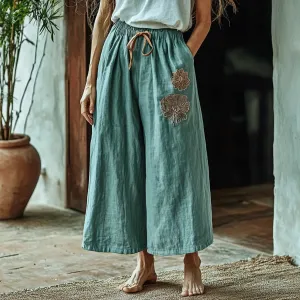 Women's Linen Breathable Wide-leg Ethnic Floral Cropped Trouser Pants