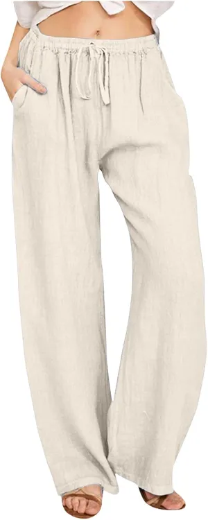 Womens Linen Pants Casual Summer Loose Fit Solid Color Boho Plus Size High Waist Linen Pants Cotton Comfy Lounge Trousers