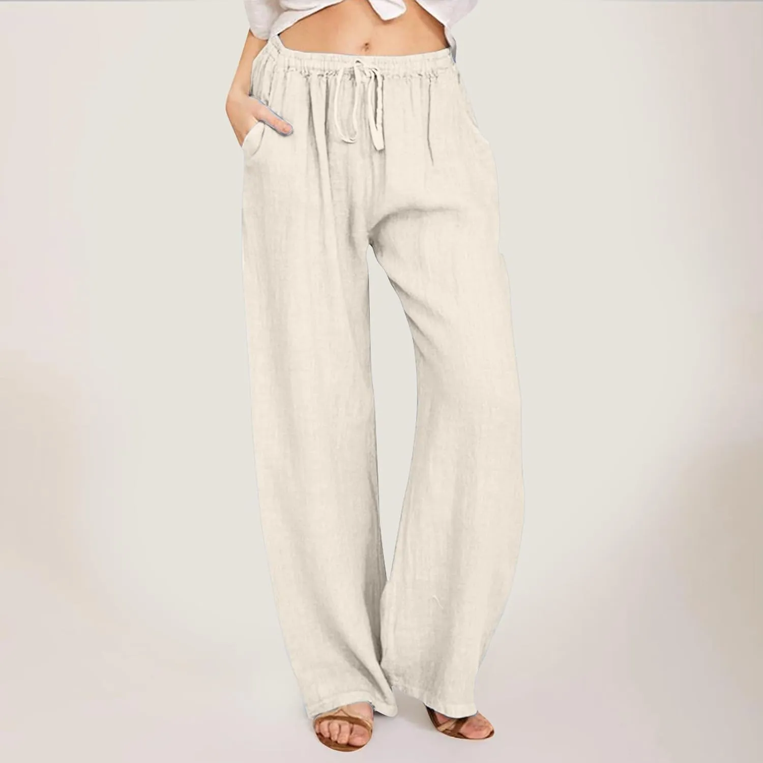 Womens Linen Pants Casual Summer Loose Fit Solid Color Boho Plus Size High Waist Linen Pants Cotton Comfy Lounge Trousers
