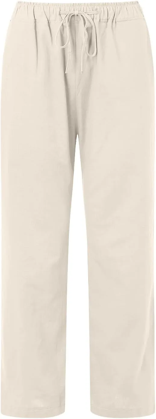 Womens Linen Pants Casual Summer Loose Fit Solid Color Boho Plus Size High Waist Linen Pants Cotton Comfy Lounge Trousers
