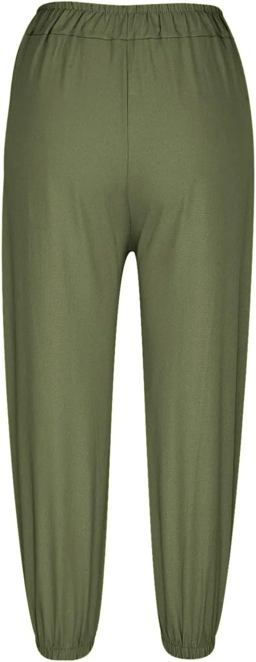 Womens Linen Pants Summer Casual Capri Pants with Pockets Cropped Comfort High Waisted Pockets Trousers Pants