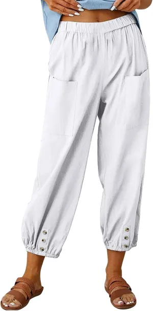 Womens Linen Pants Summer Casual Capri Pants with Pockets Cropped Comfort High Waisted Pockets Trousers Pants