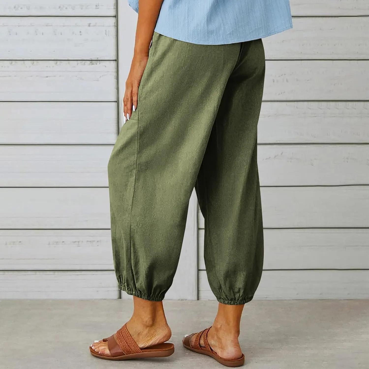 Womens Linen Pants Summer Casual Capri Pants with Pockets Cropped Comfort High Waisted Pockets Trousers Pants