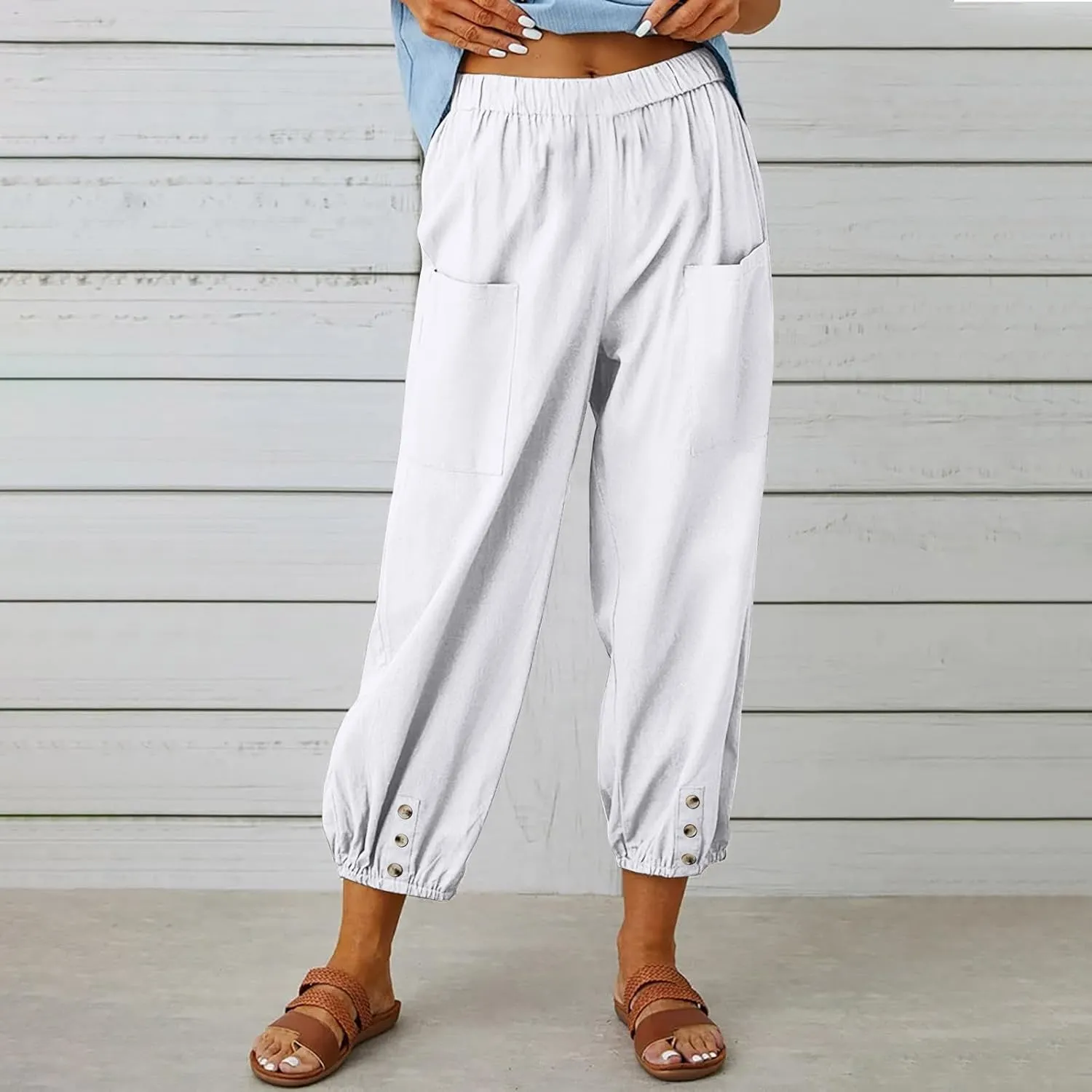 Womens Linen Pants Summer Casual Capri Pants with Pockets Cropped Comfort High Waisted Pockets Trousers Pants
