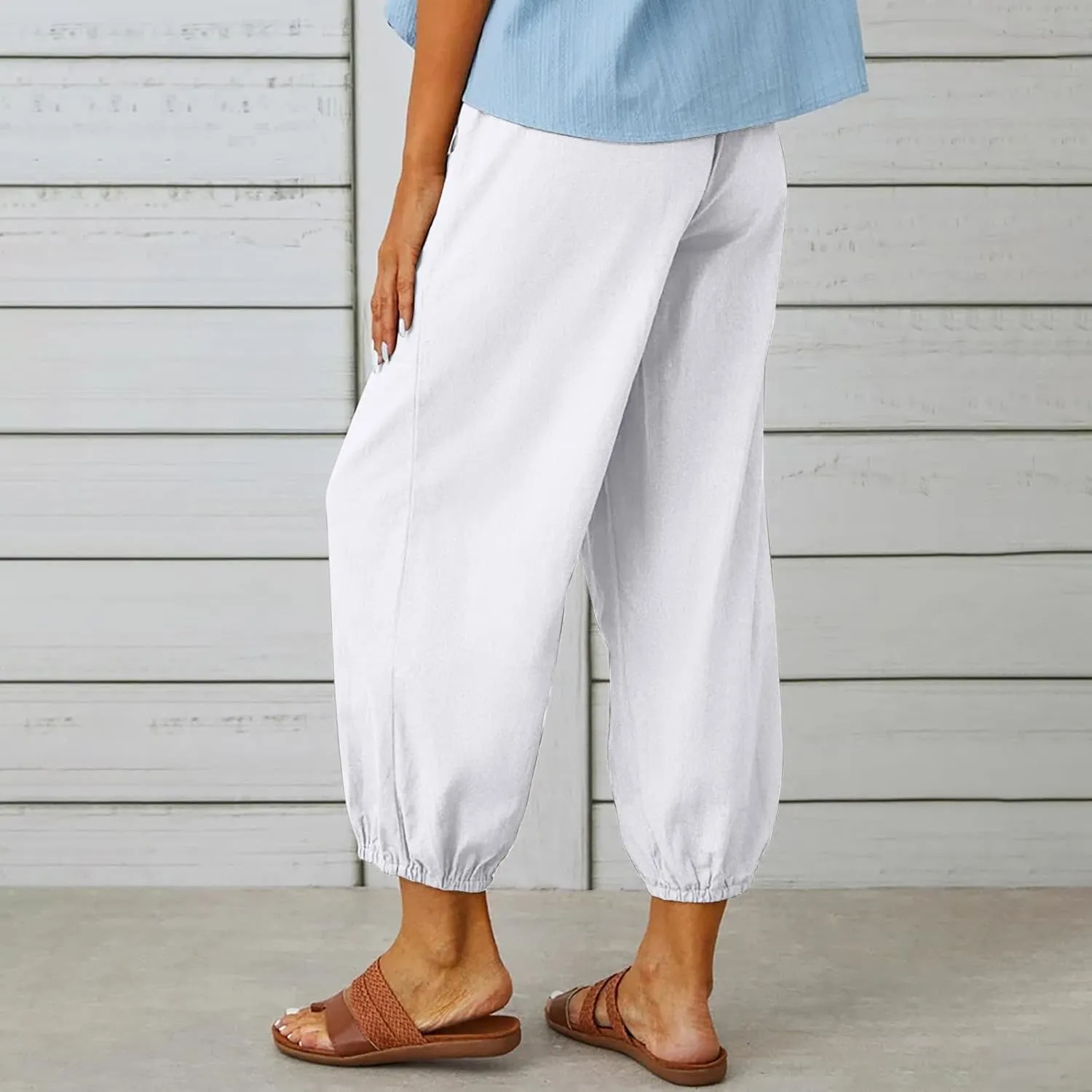 Womens Linen Pants Summer Casual Capri Pants with Pockets Cropped Comfort High Waisted Pockets Trousers Pants