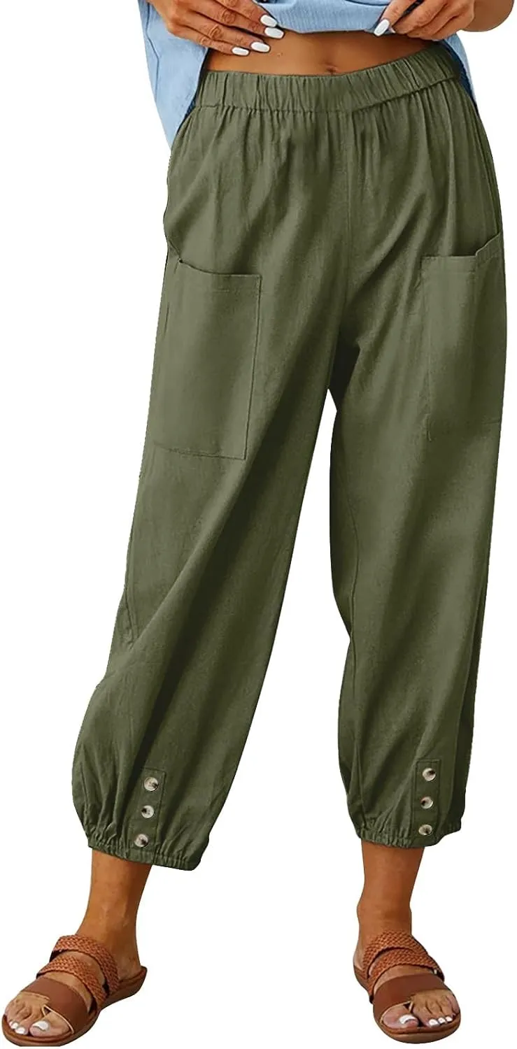 Womens Linen Pants Summer Casual Capri Pants with Pockets Cropped Comfort High Waisted Pockets Trousers Pants