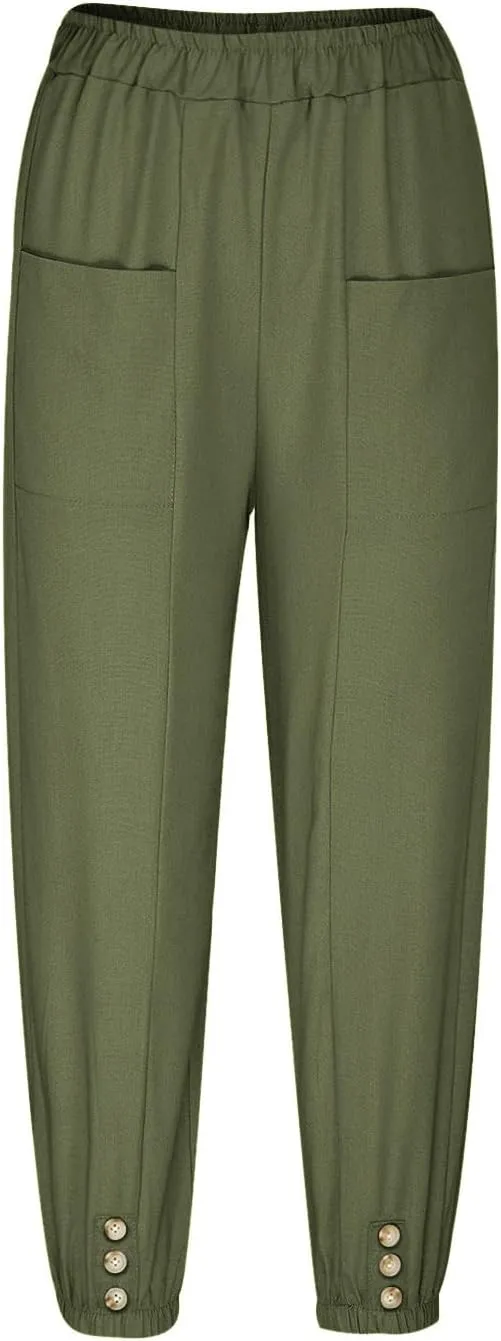 Womens Linen Pants Summer Casual Capri Pants with Pockets Cropped Comfort High Waisted Pockets Trousers Pants