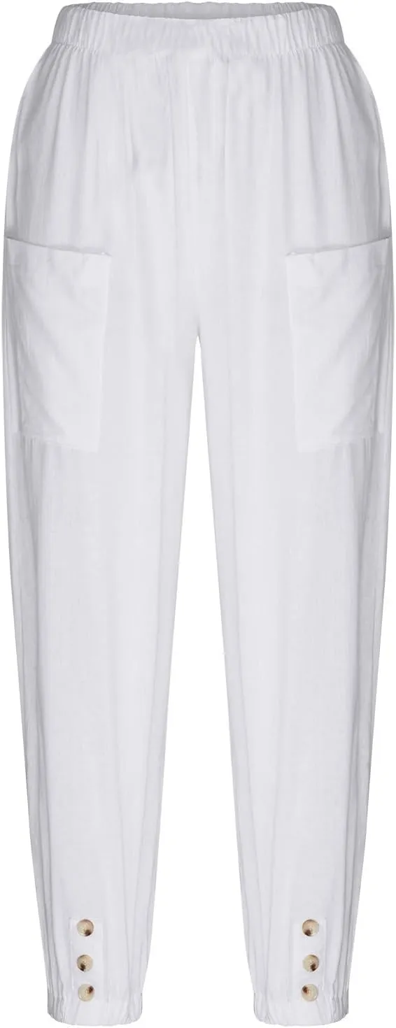 Womens Linen Pants Summer Casual Capri Pants with Pockets Cropped Comfort High Waisted Pockets Trousers Pants
