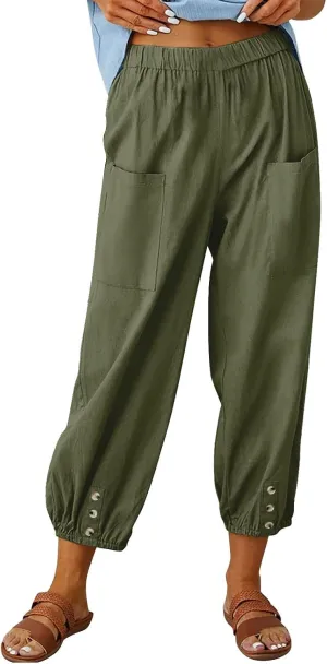 Womens Linen Pants Summer Casual Capri Pants with Pockets Cropped Comfort High Waisted Pockets Trousers Pants
