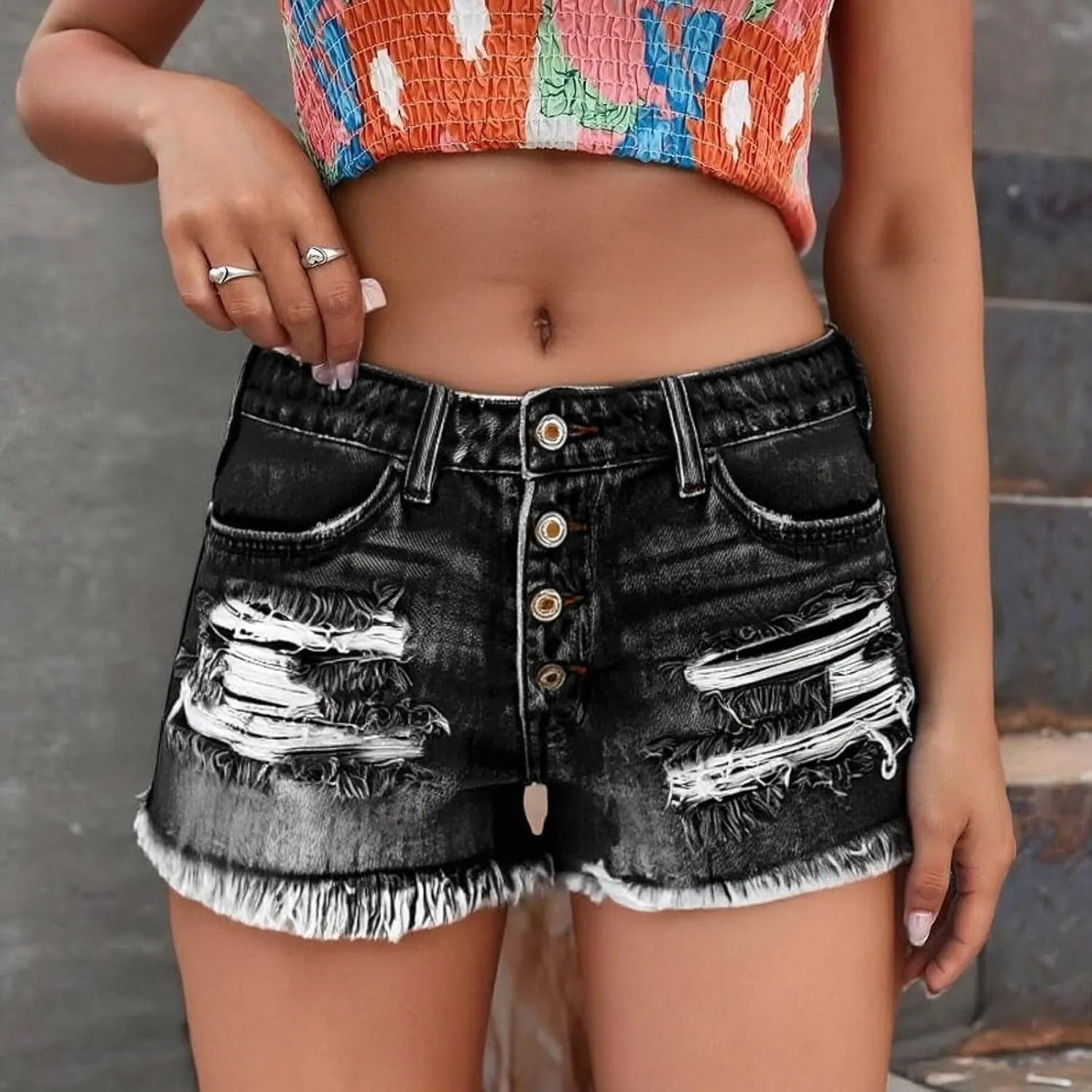 Womens Mid-High Waisted 2025 Summer Ripped Denim Jean Shorts Cutoff Stretchy Hot Short Pants