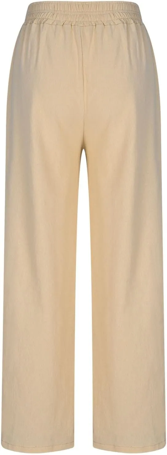 Womens Wide Leg Linen Pants Casual High Elastic Waist Loose Palazzo Pants Summer Beach Flowy Trousers with Pockets