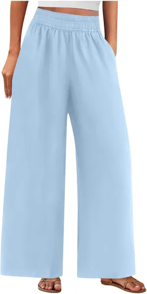 Womens Wide Leg Linen Pants Casual High Elastic Waist Loose Palazzo Pants Summer Beach Flowy Trousers with Pockets