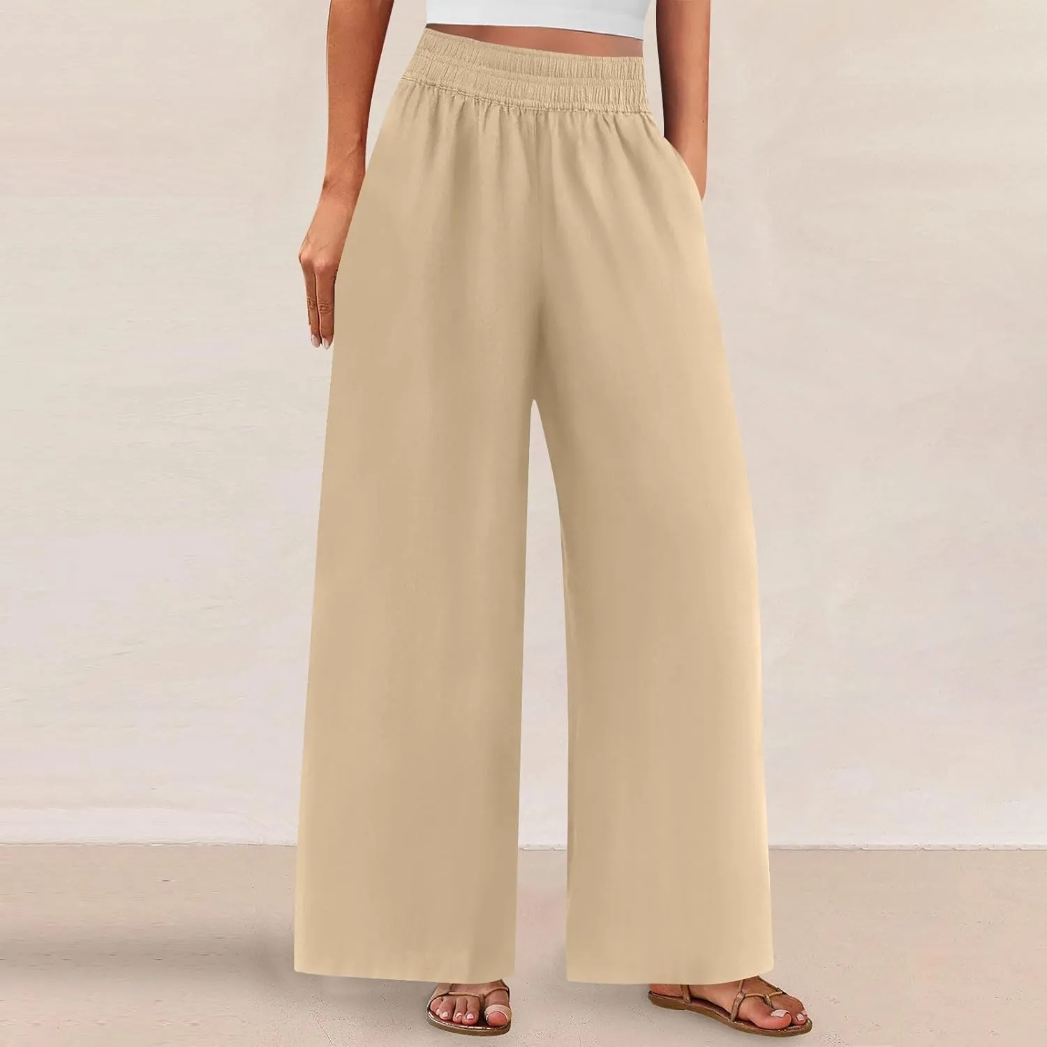Womens Wide Leg Linen Pants Casual High Elastic Waist Loose Palazzo Pants Summer Beach Flowy Trousers with Pockets