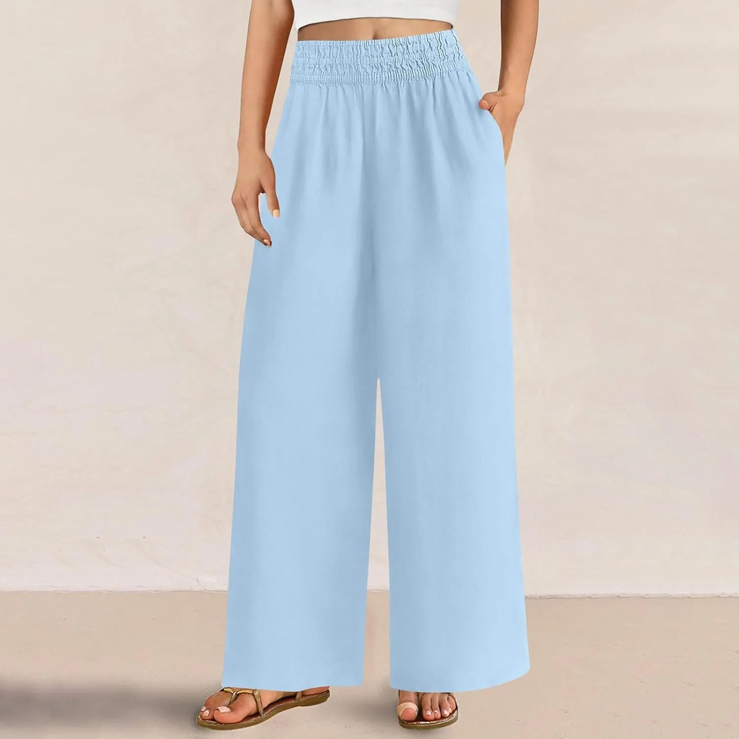 Womens Wide Leg Linen Pants Casual High Elastic Waist Loose Palazzo Pants Summer Beach Flowy Trousers with Pockets