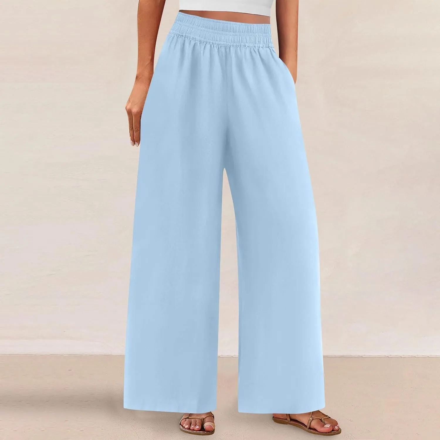 Womens Wide Leg Linen Pants Casual High Elastic Waist Loose Palazzo Pants Summer Beach Flowy Trousers with Pockets