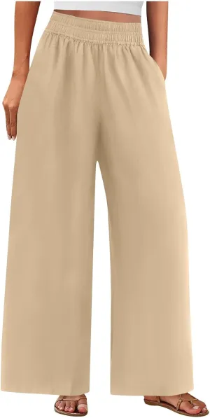Womens Wide Leg Linen Pants Casual High Elastic Waist Loose Palazzo Pants Summer Beach Flowy Trousers with Pockets