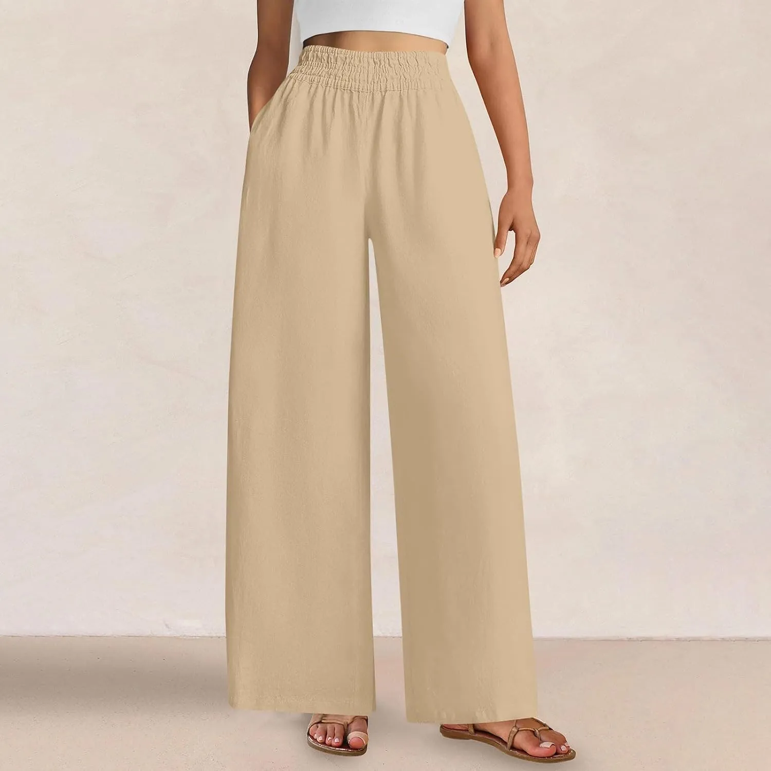 Womens Wide Leg Linen Pants Casual High Elastic Waist Loose Palazzo Pants Summer Beach Flowy Trousers with Pockets