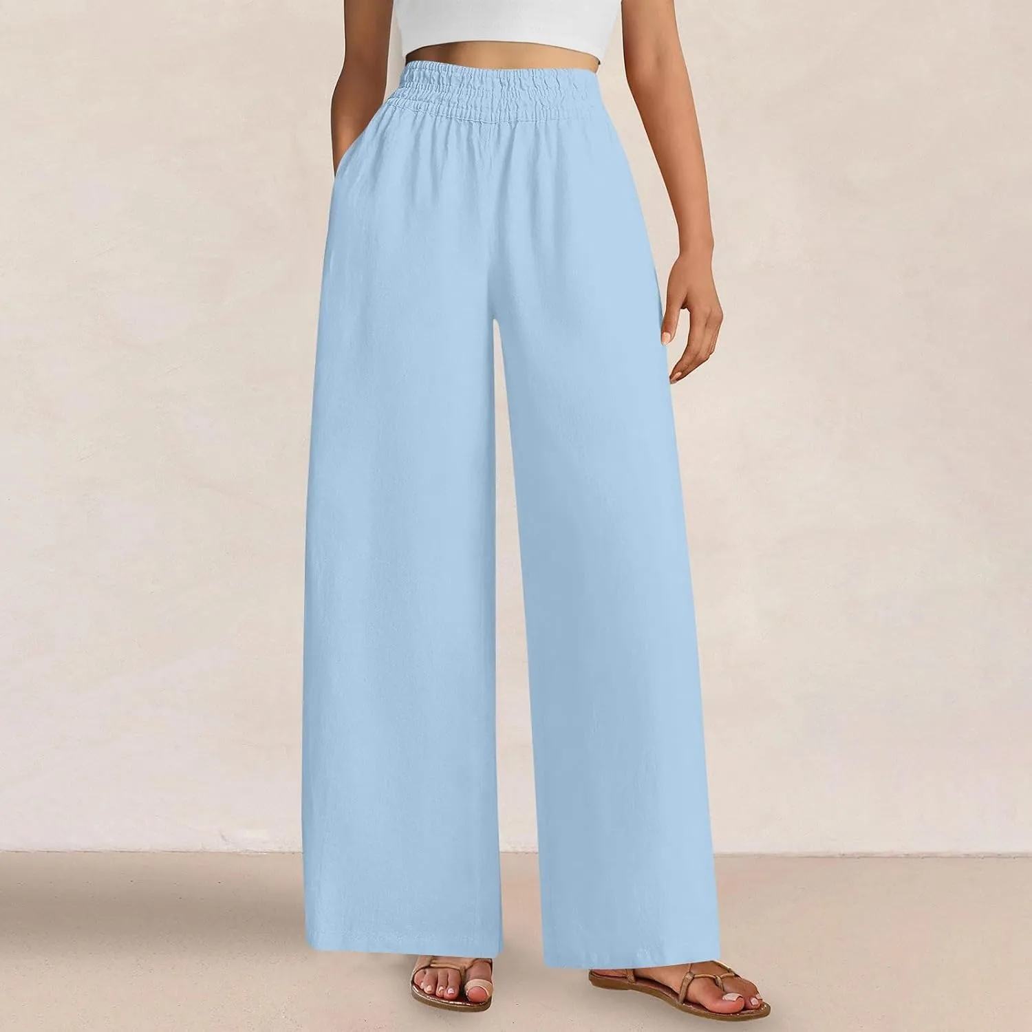 Womens Wide Leg Linen Pants Casual High Elastic Waist Loose Palazzo Pants Summer Beach Flowy Trousers with Pockets