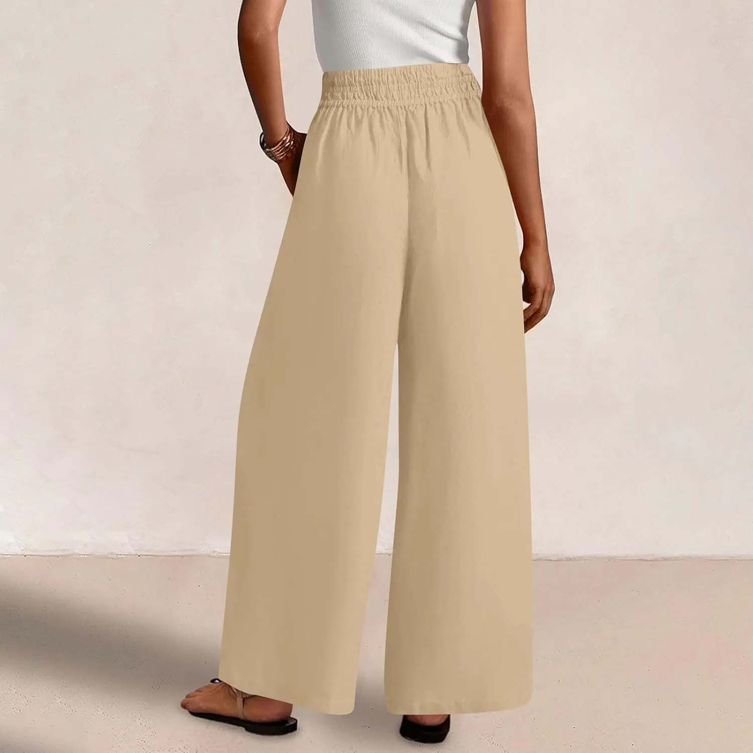 Womens Wide Leg Linen Pants Casual High Elastic Waist Loose Palazzo Pants Summer Beach Flowy Trousers with Pockets