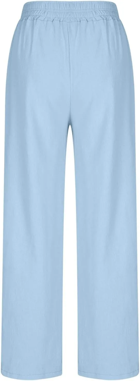 Womens Wide Leg Linen Pants Casual High Elastic Waist Loose Palazzo Pants Summer Beach Flowy Trousers with Pockets