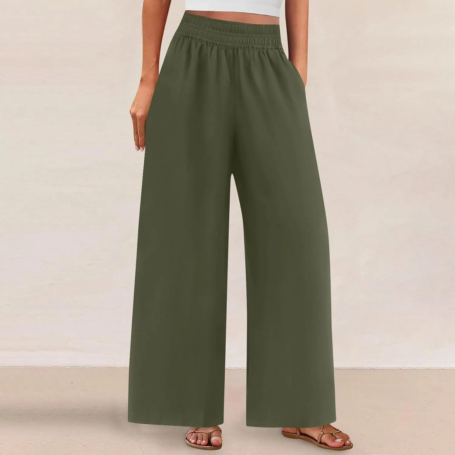 Womens Wide Leg Linen Pants Casual High Elastic Waist Loose Palazzo Pants Summer Beach Flowy Trousers with Pockets