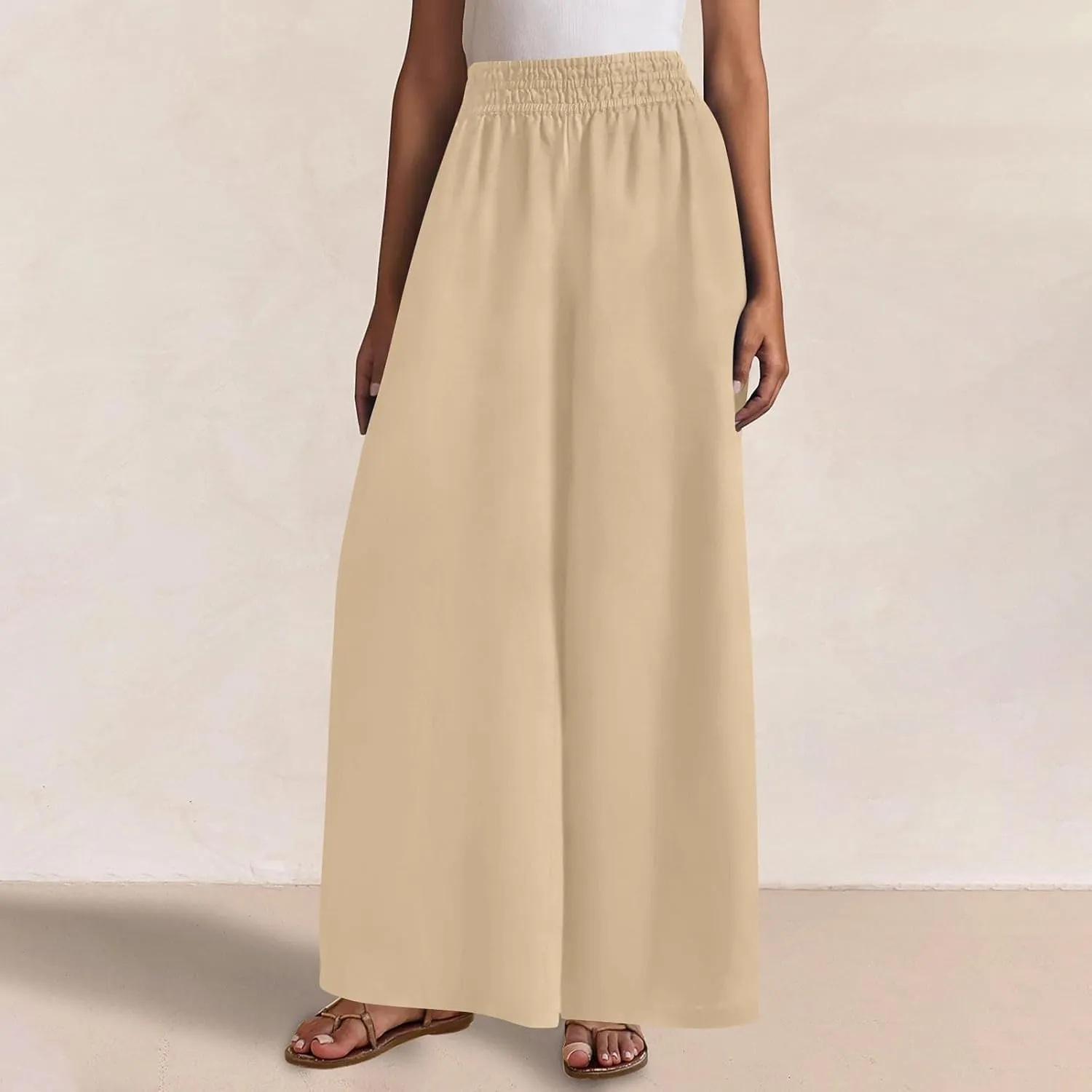 Womens Wide Leg Linen Pants Casual High Elastic Waist Loose Palazzo Pants Summer Beach Flowy Trousers with Pockets