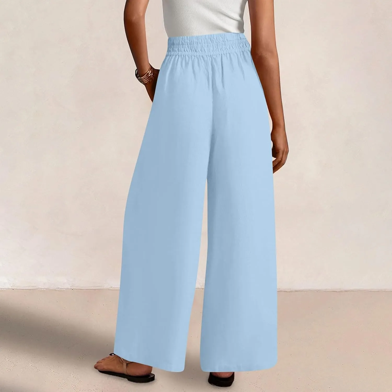 Womens Wide Leg Linen Pants Casual High Elastic Waist Loose Palazzo Pants Summer Beach Flowy Trousers with Pockets