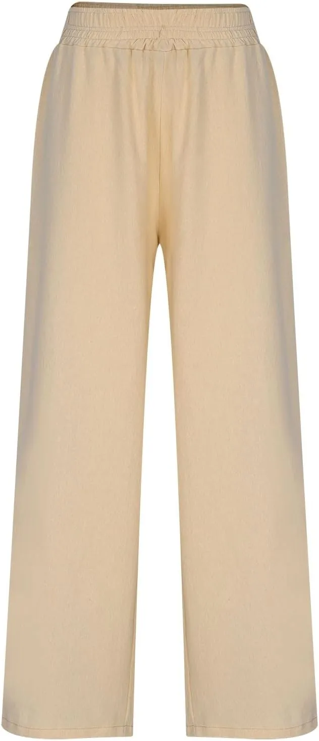 Womens Wide Leg Linen Pants Casual High Elastic Waist Loose Palazzo Pants Summer Beach Flowy Trousers with Pockets